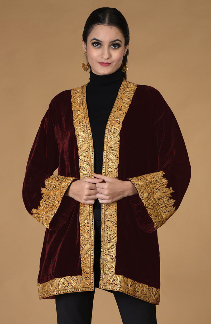 Burgundy Kashmiri Tilla Embroidered Kimono Jacket