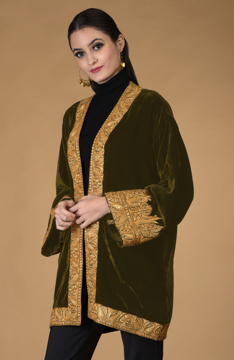 Olive Kashmiri Tilla Embroidered Kimono Jacket