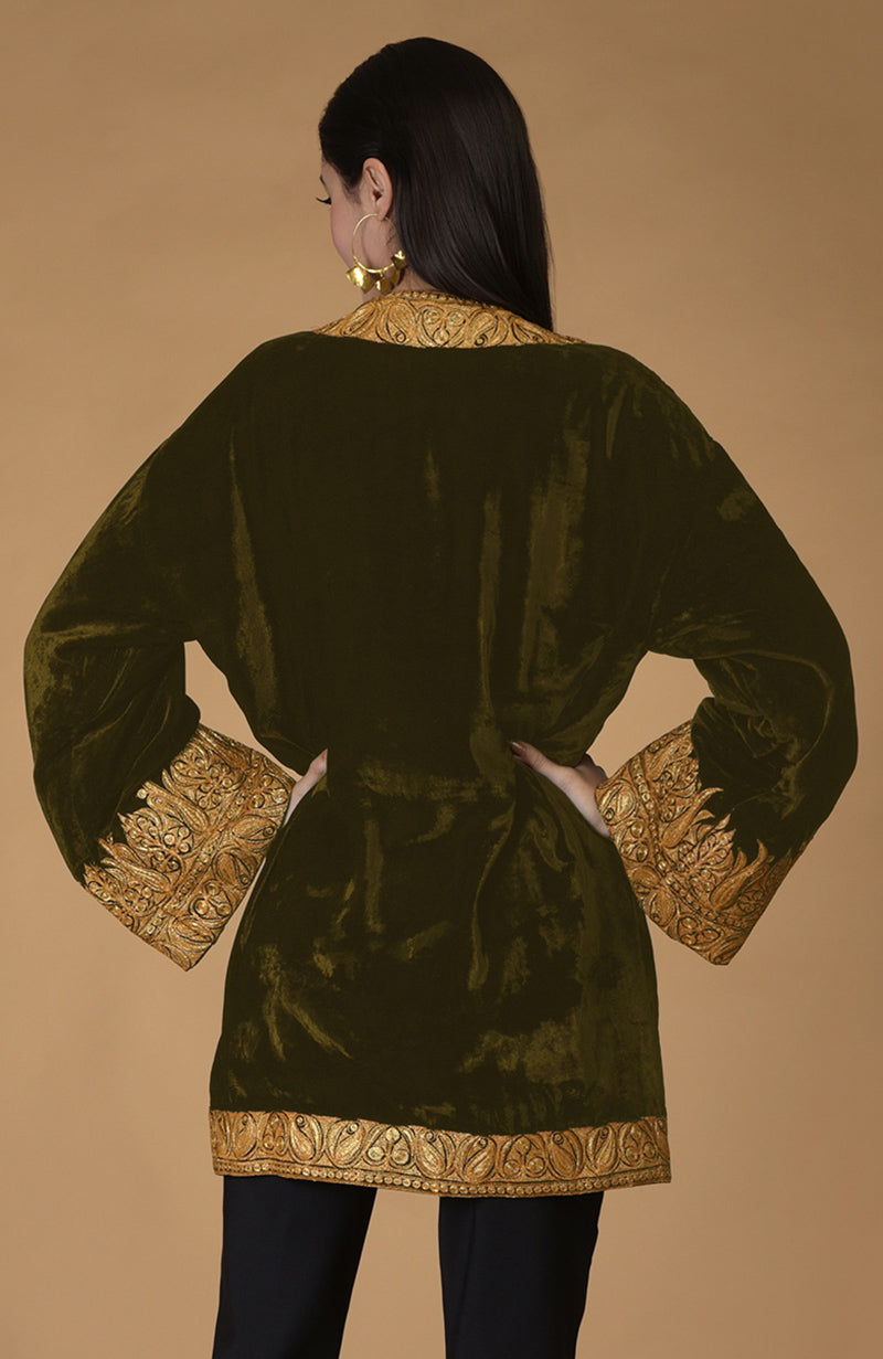 Olive Kashmiri Tilla Embroidered Kimono Jacket