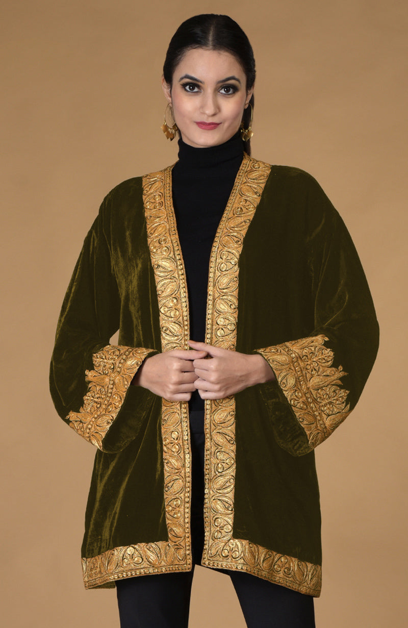 Olive Kashmiri Tilla Embroidered Kimono Jacket