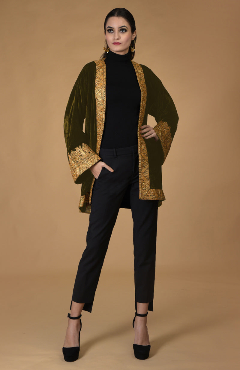 Olive Kashmiri Tilla Embroidered Kimono Jacket