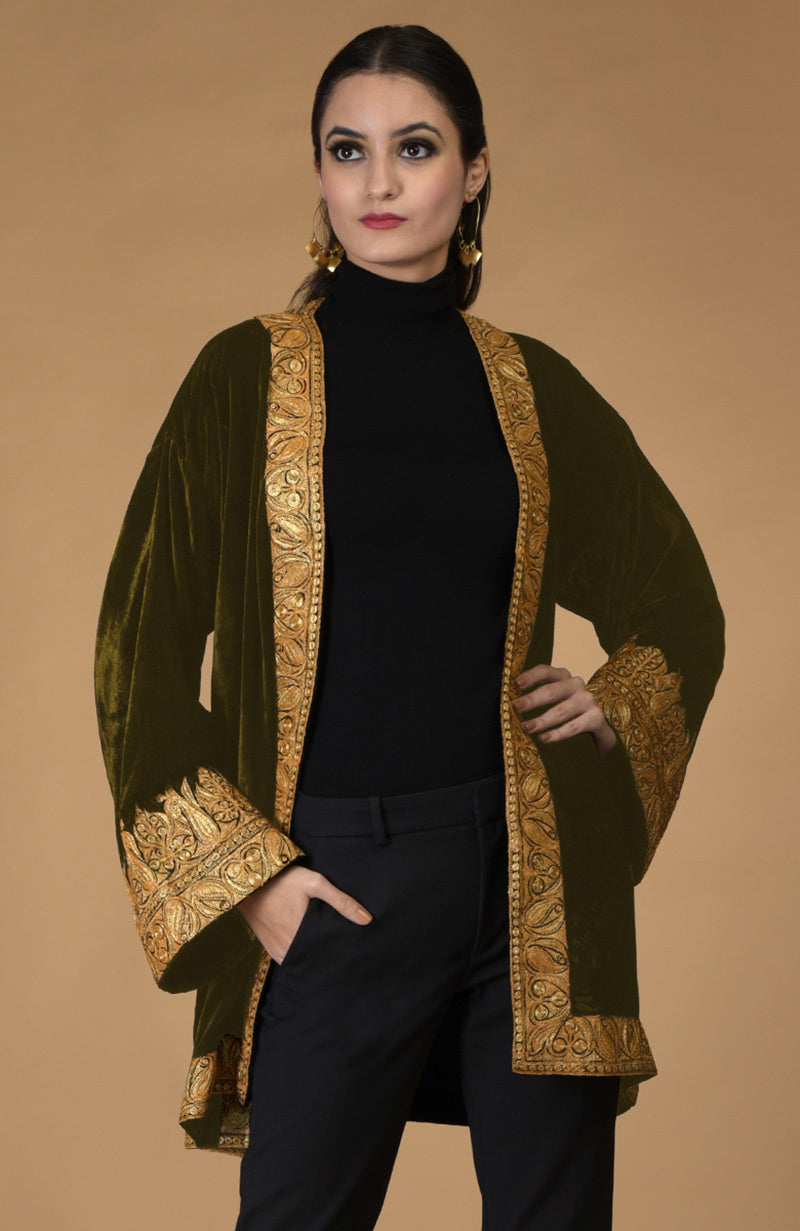 Olive Kashmiri Tilla Embroidered Kimono Jacket