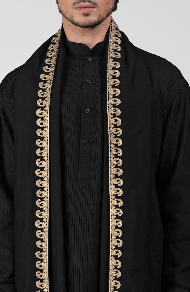 Black Pintuck Pathani Kurta Salwar Set & Tilla Embroidered Dupatta
