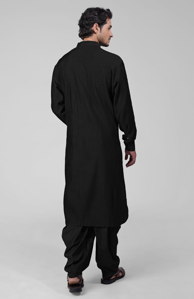 Black Pintuck Pathani Kurta Salwar Set & Tilla Embroidered Dupatta