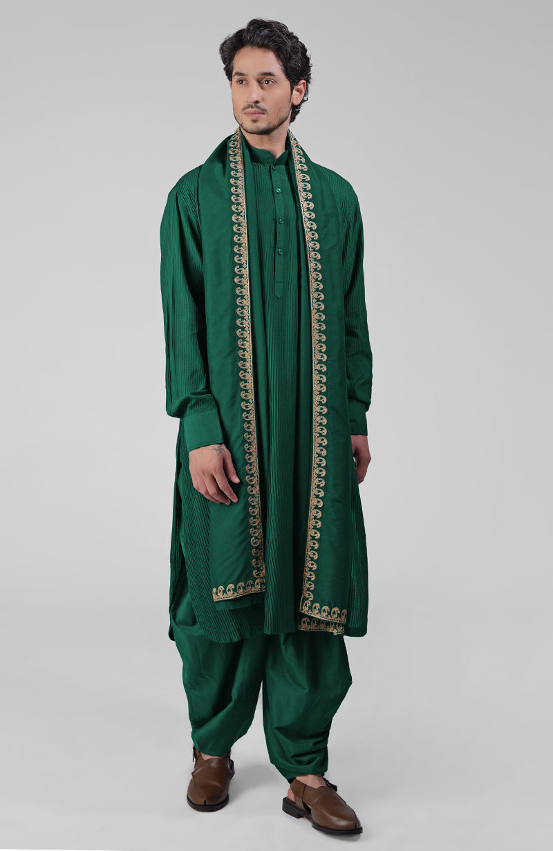 Olive Pintuck Pathani Kurta Salwar Set & Tilla Embroidered Dupatta