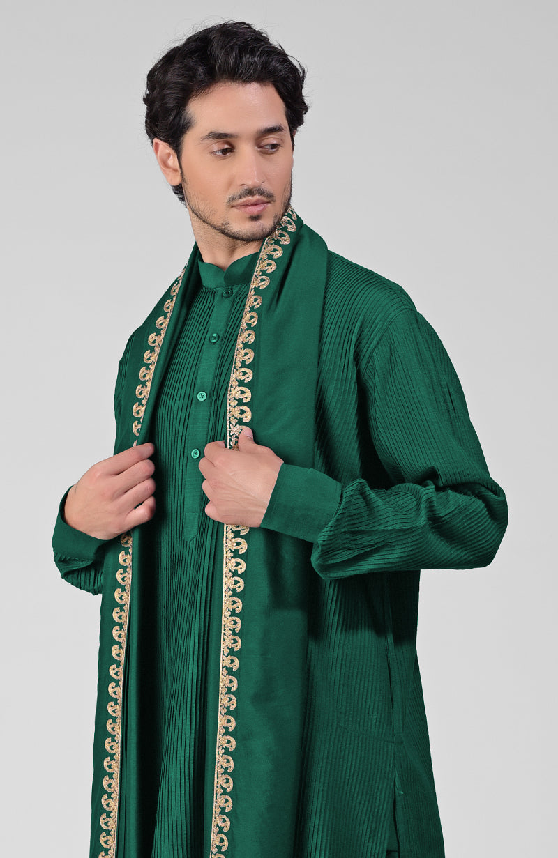 Emerald Green Pintuck Pathani Kurta Salwar Set & Tilla Embroidered Dupatta