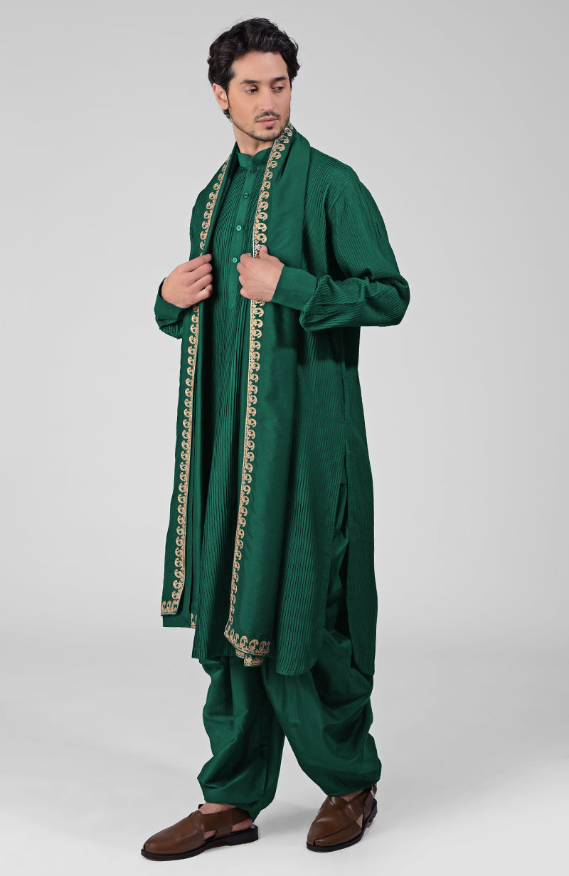 Teal Pintuck Pathani Kurta Salwar Set Tilla Embroidered Dupatta