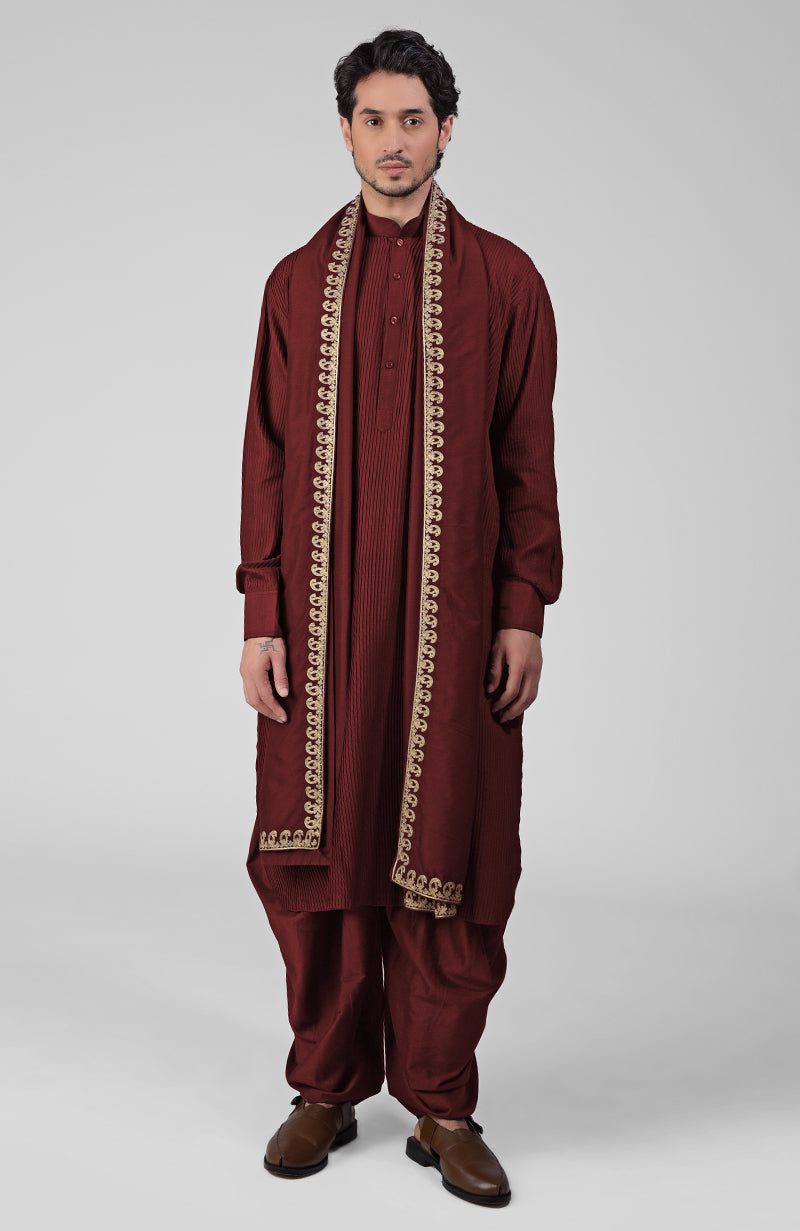 Mustard Pintuck Pathani Kurta Salwar Set & Tilla Embroidered Dupatta
