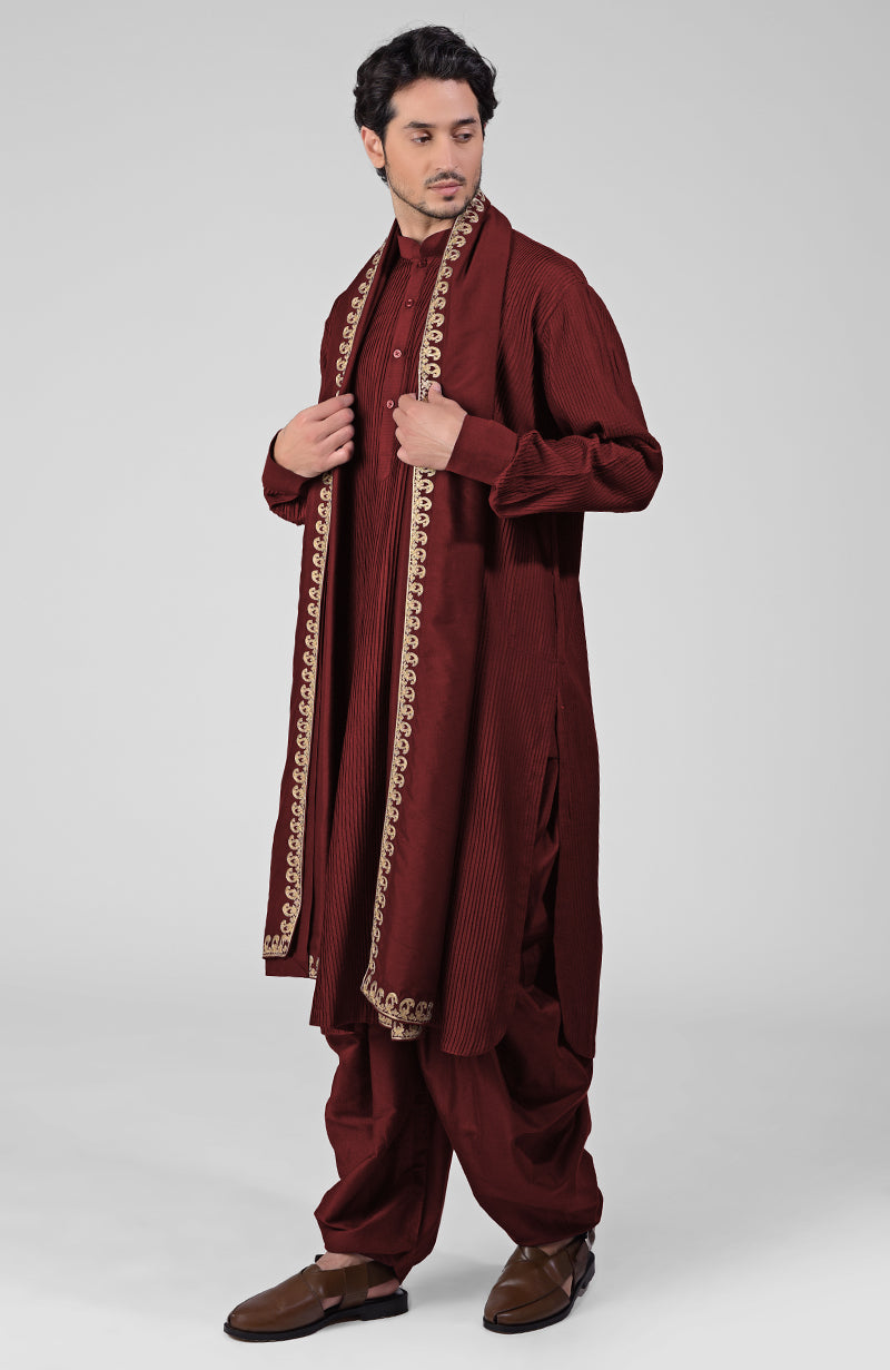 Scarlet Red Pintuck Pathani Kurta Salwar Set Tilla Embroidered Dupatta