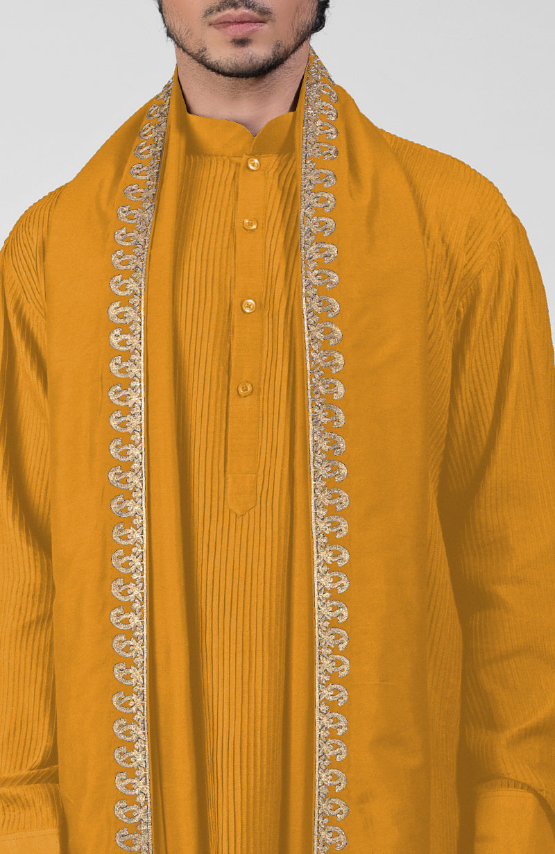 Mustard Pintuck Pathani Kurta Salwar Set & Tilla Embroidered Dupatta
