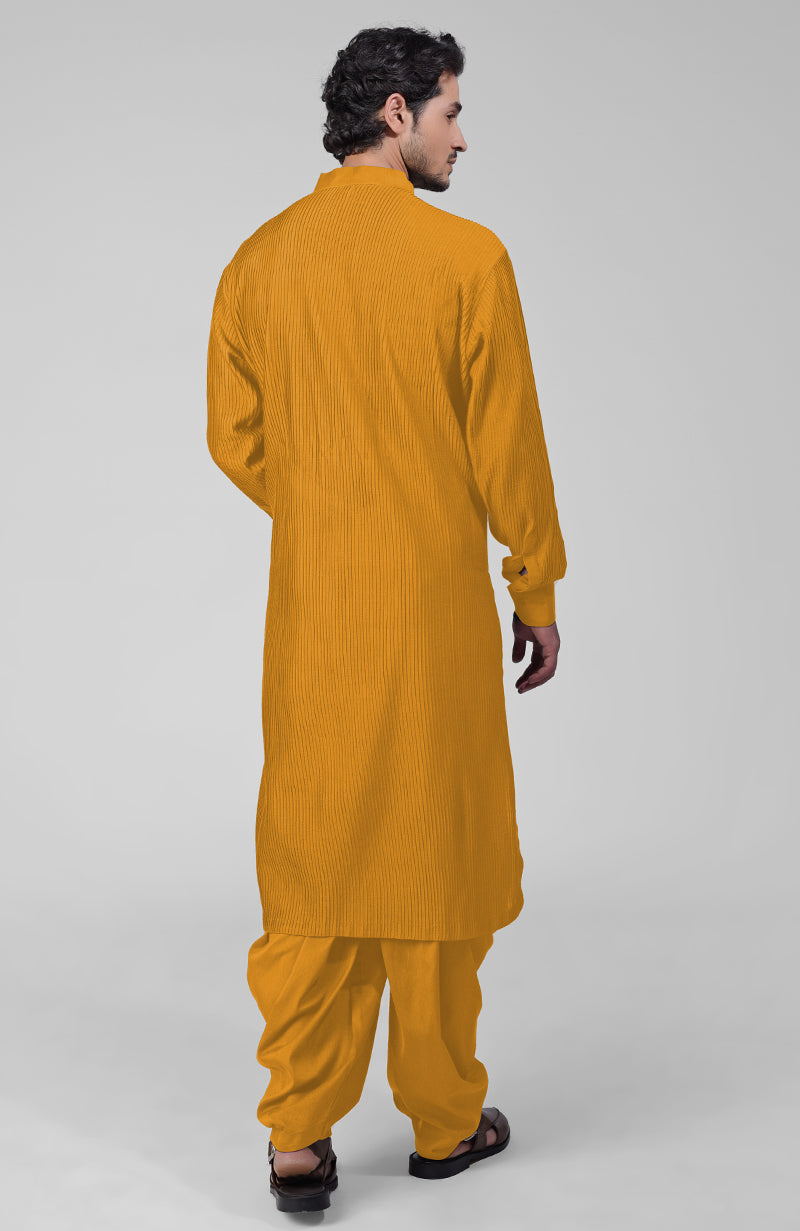 Mustard Pintuck Pathani Kurta Salwar Set & Tilla Embroidered Dupatta