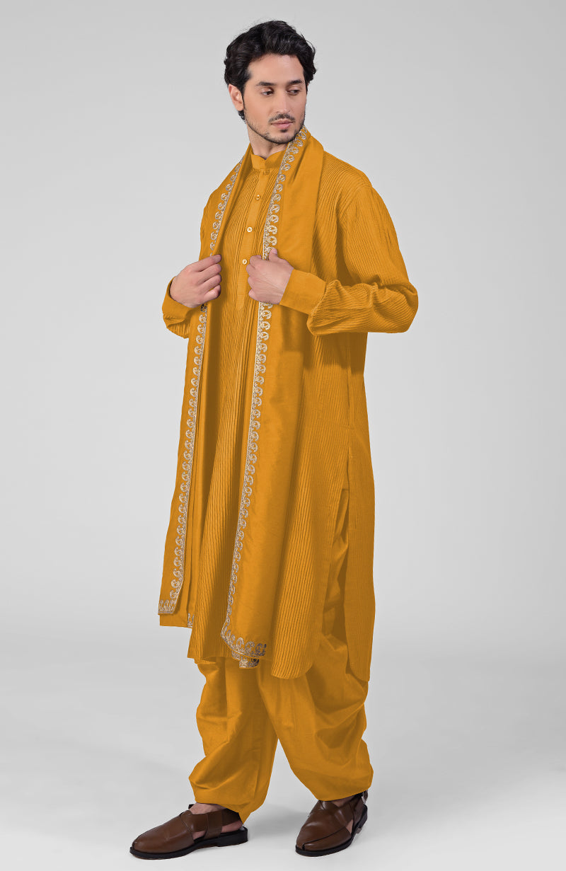 Mustard Pintuck Pathani Kurta Salwar Set & Tilla Embroidered Dupatta