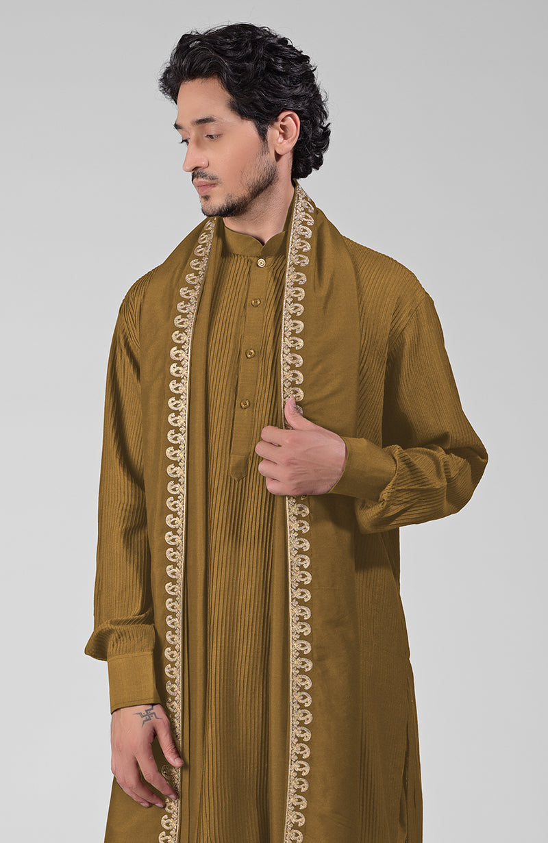 Olive Pintuck Pathani Kurta Salwar Set & Tilla Embroidered Dupatta