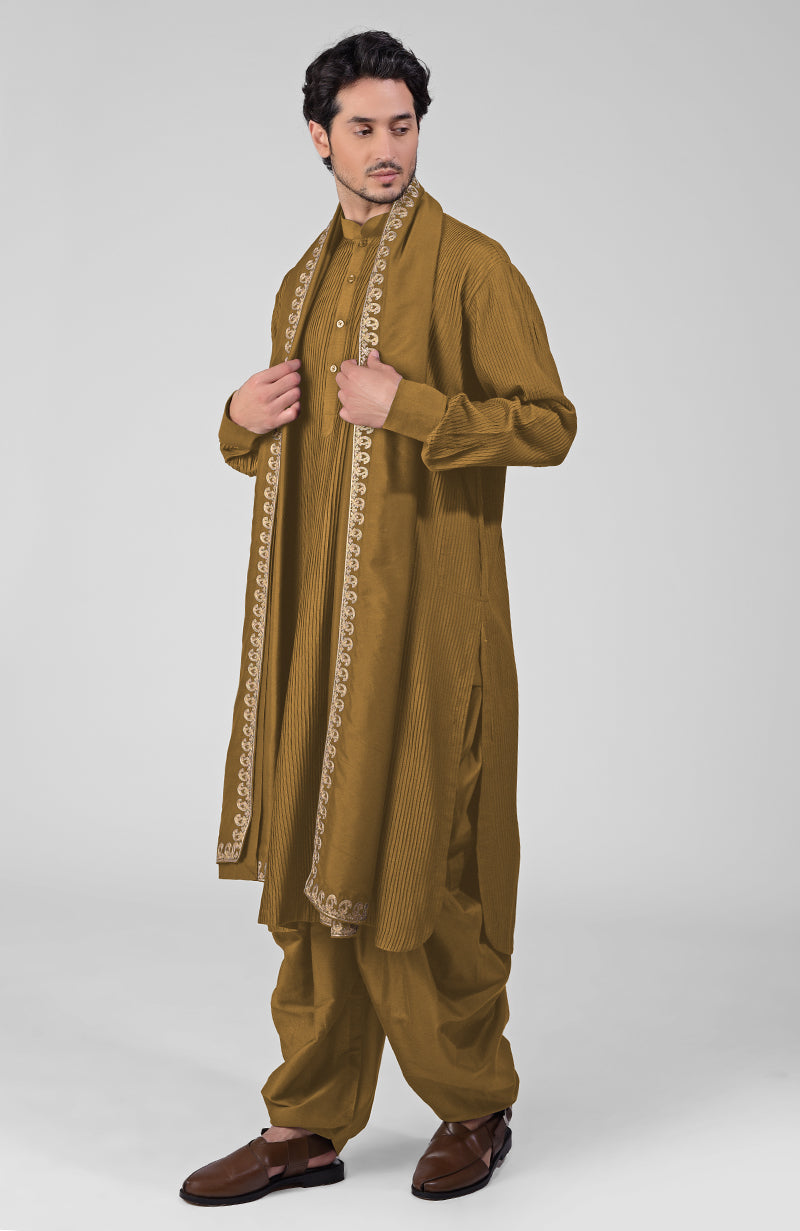 Olive Pintuck Pathani Kurta Salwar Set & Tilla Embroidered Dupatta