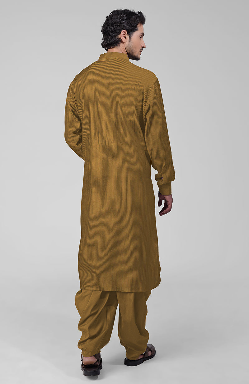 Olive Pintuck Pathani Kurta Salwar Set & Tilla Embroidered Dupatta