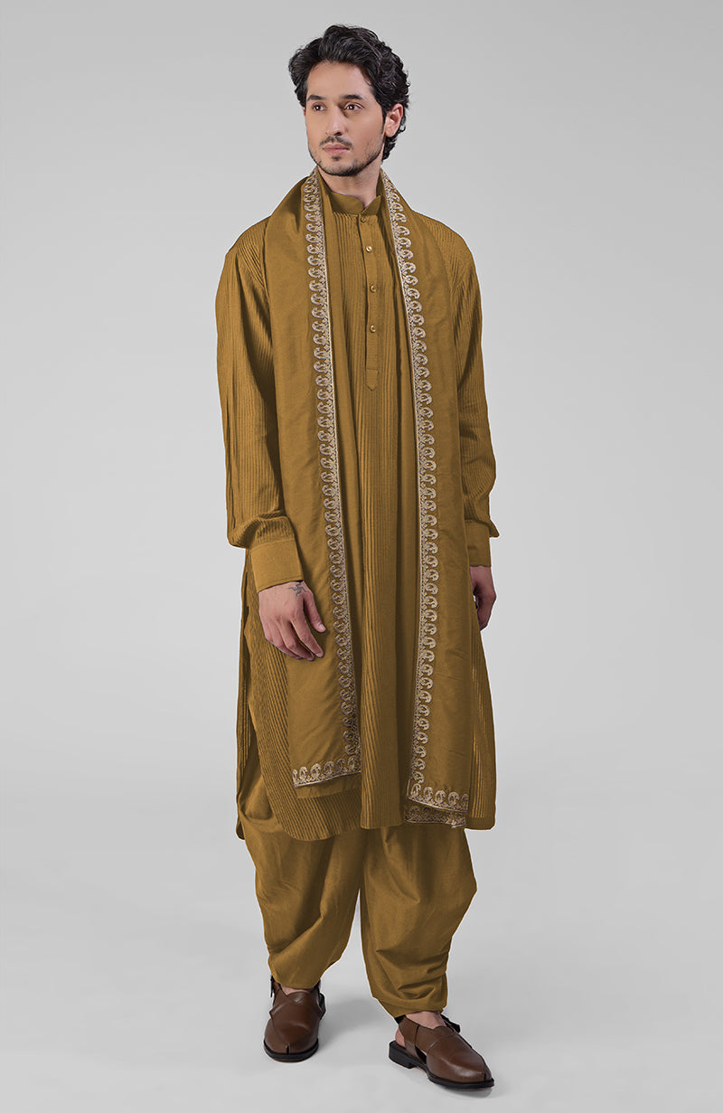 Olive Pintuck Pathani Kurta Salwar Set & Tilla Embroidered Dupatta