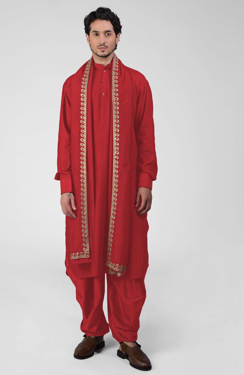Mustard Pintuck Pathani Kurta Salwar Set & Tilla Embroidered Dupatta