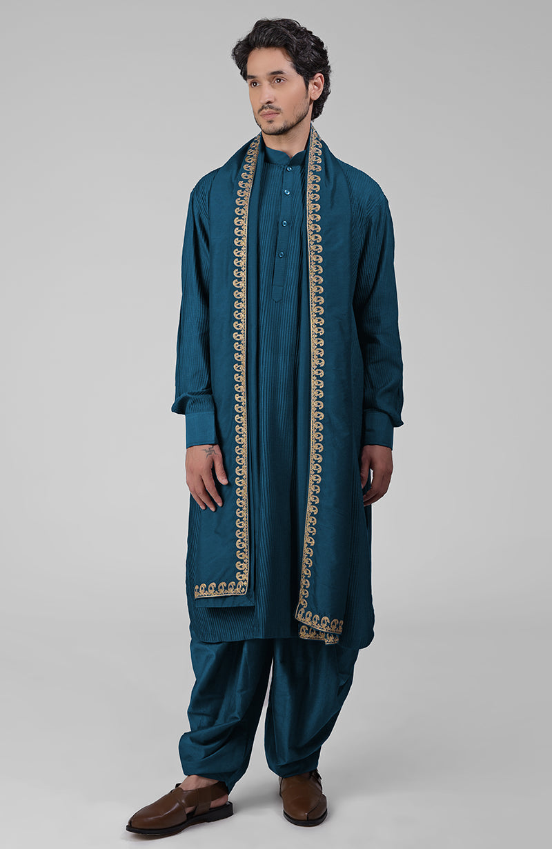 Mustard Pintuck Pathani Kurta Salwar Set & Tilla Embroidered Dupatta