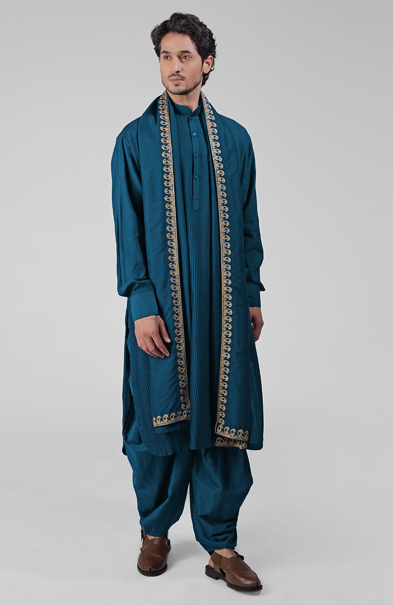 Olive Pintuck Pathani Kurta Salwar Set & Tilla Embroidered Dupatta