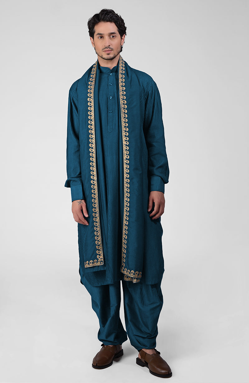 Black Pintuck Pathani Kurta Salwar Set & Tilla Embroidered Dupatta