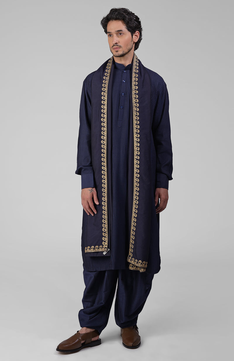 Mustard Pintuck Pathani Kurta Salwar Set & Tilla Embroidered Dupatta
