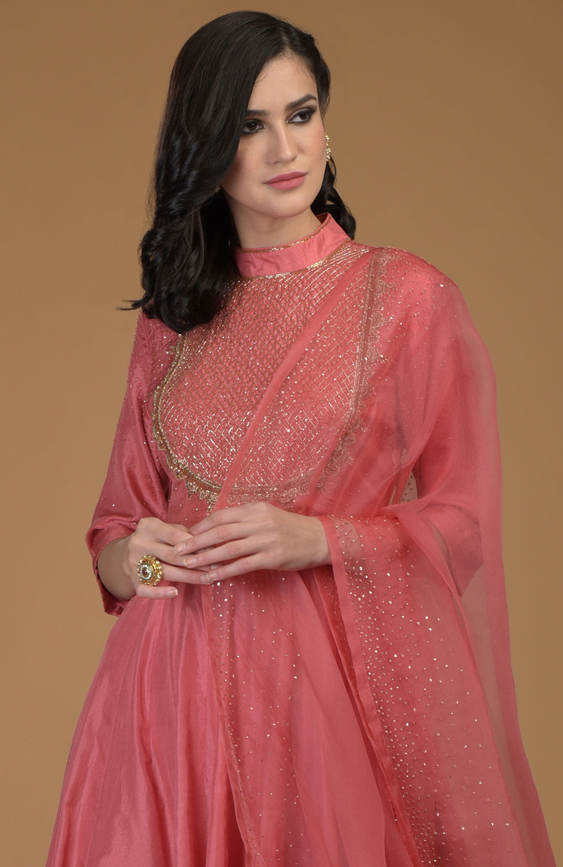 Peach Echo Inara Zardozi Hand Embroidered Kalidaar Suit