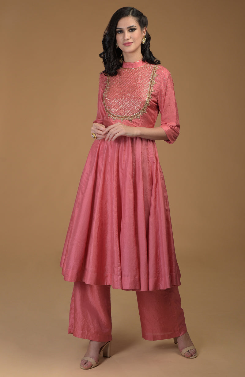 Peach Echo Inara Zardozi Hand Embroidered Kalidaar Suit