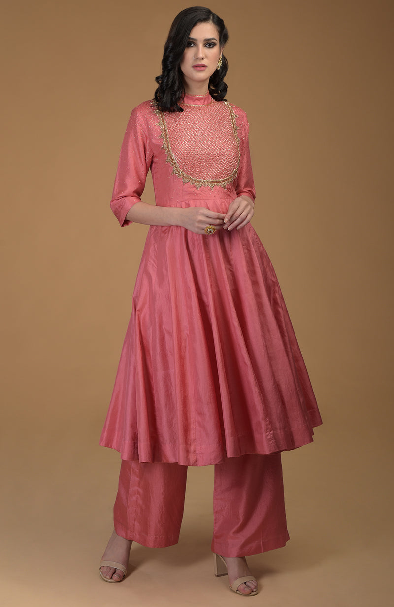Peach Echo Inara Zardozi Hand Embroidered Kalidaar Suit