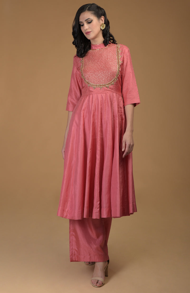 Peach Echo Inara Zardozi Hand Embroidered Kalidaar Suit