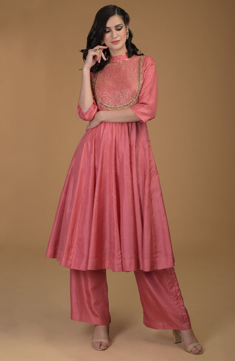 Peach Echo Inara Zardozi Hand Embroidered Kalidaar Suit
