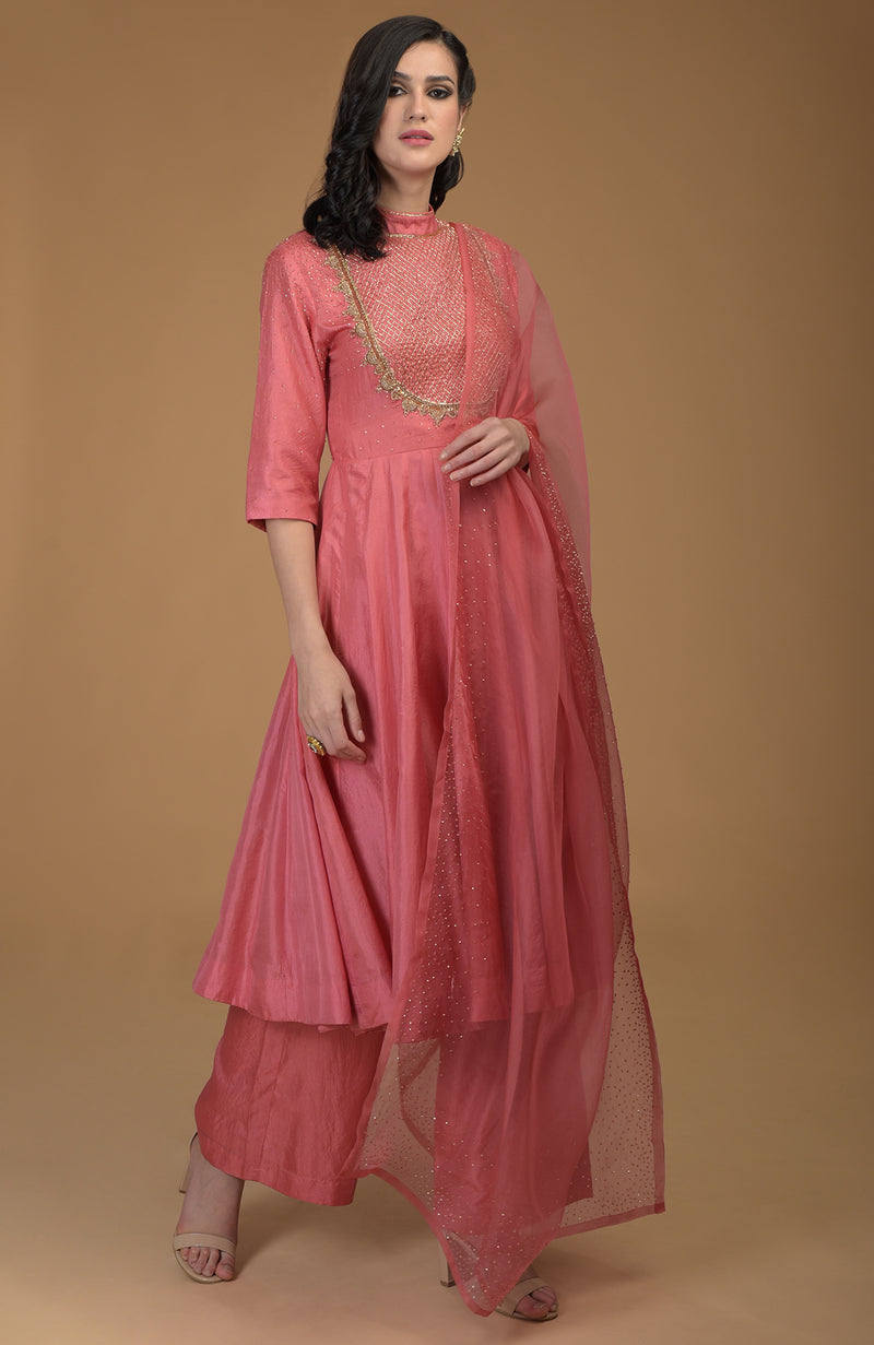 Peach Echo Inara Zardozi Hand Embroidered Kalidaar Suit