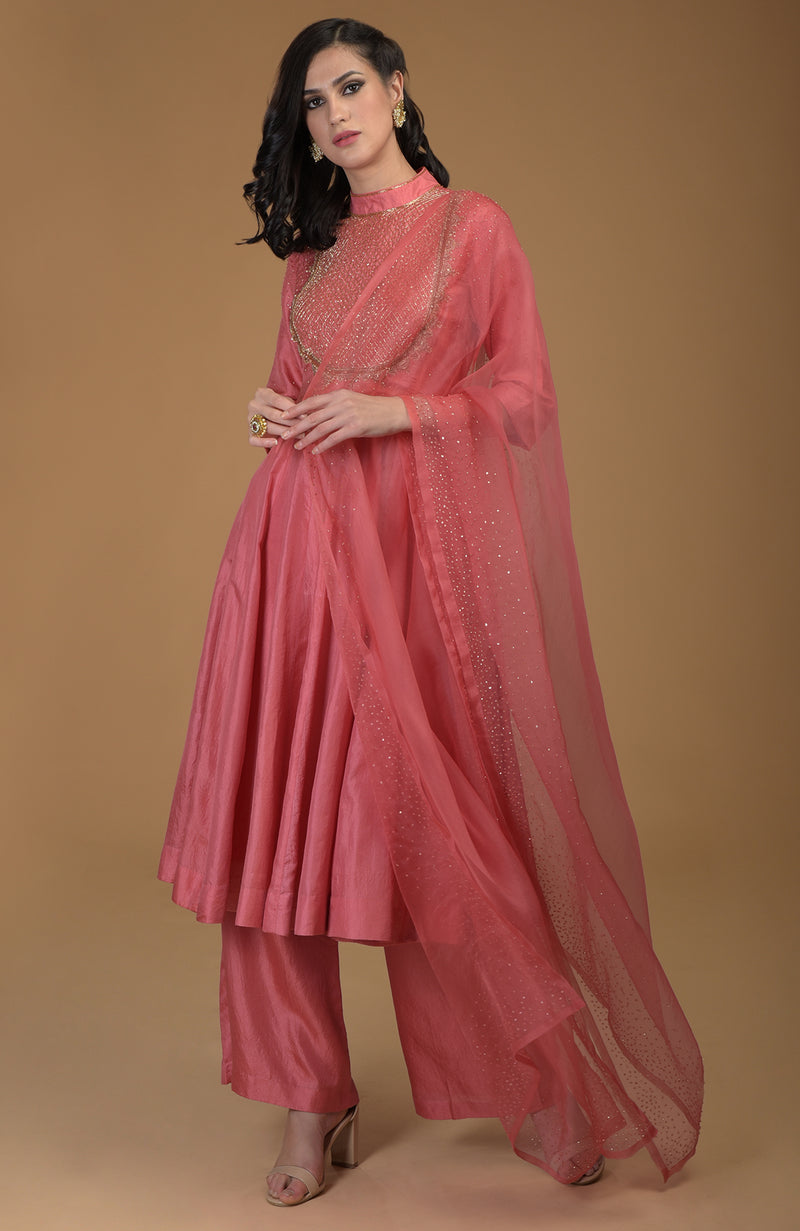 Peach Echo Inara Zardozi Hand Embroidered Kalidaar Suit