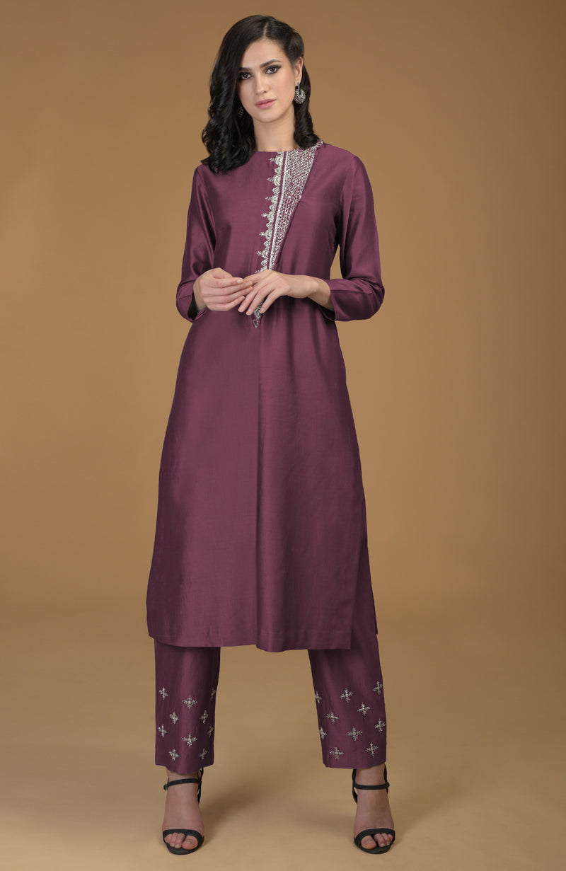 Burgundy Purple Inara Zardozi Hand Embroidered Kurta Set