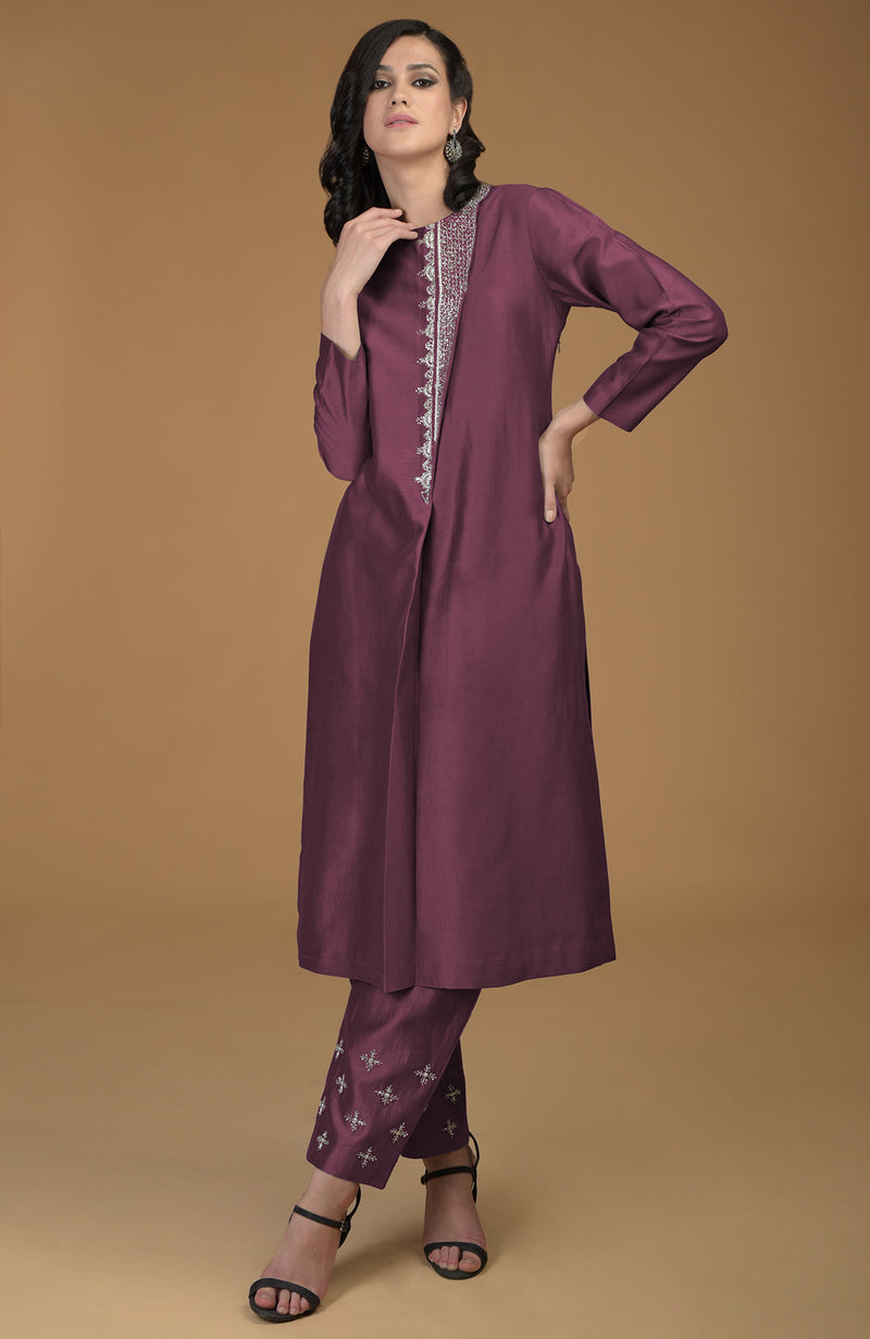 Burgundy Purple Inara Zardozi Hand Embroidered Kurta Set