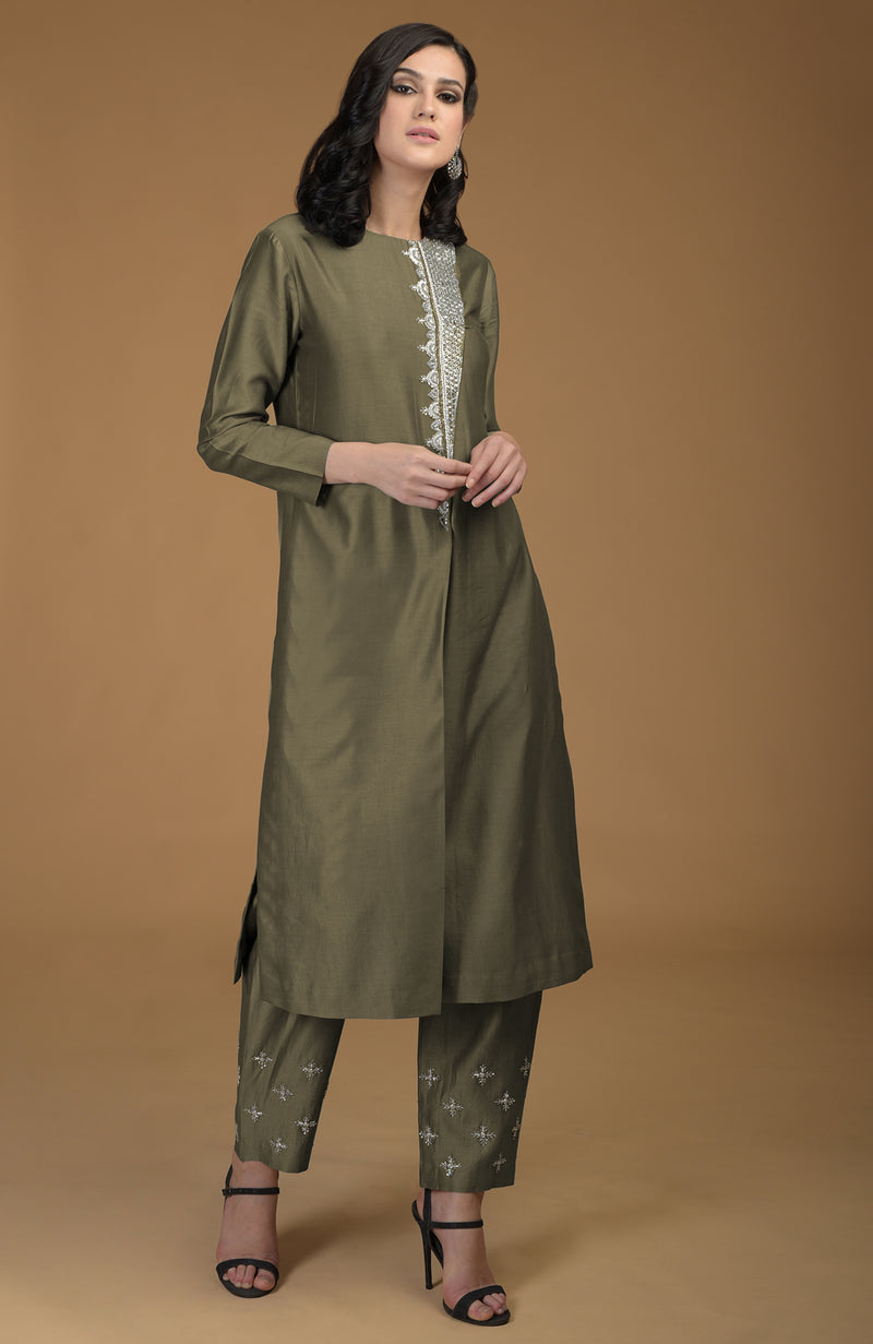 Olive Inara Zardozi Hand Embroidered Kurta Set