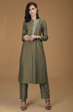 Olive Inara Zardozi Hand Embroidered Kurta Set