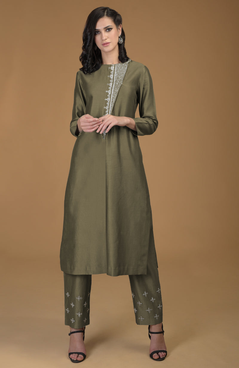 Olive Inara Zardozi Hand Embroidered Kurta Set