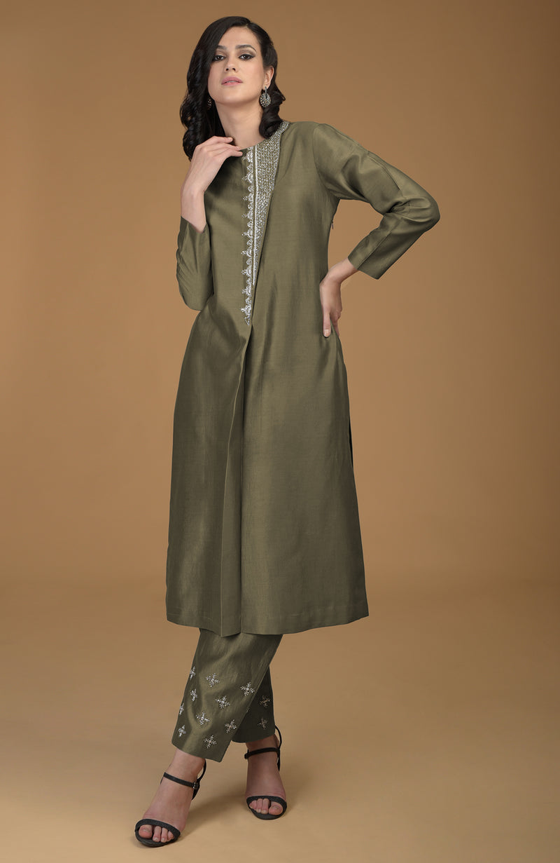 Olive Inara Zardozi Hand Embroidered Kurta Set