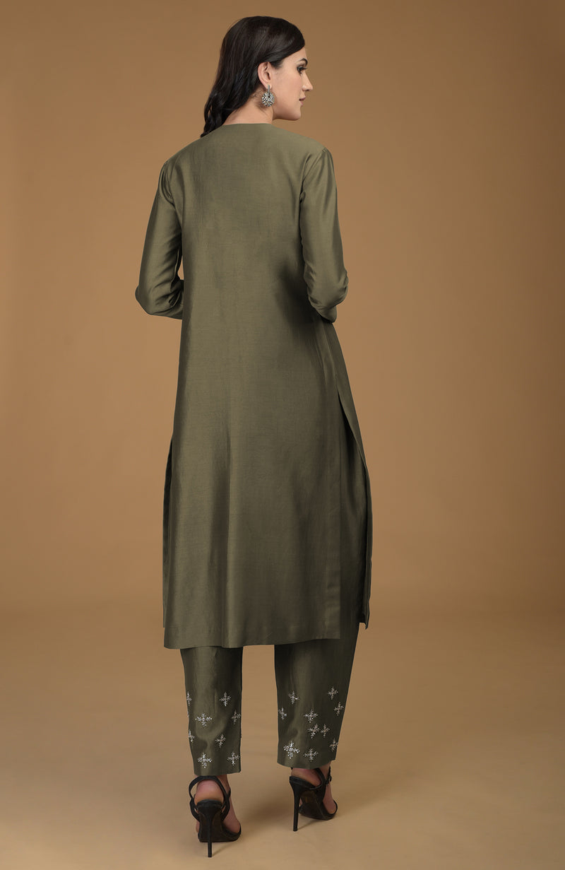 Olive Inara Zardozi Hand Embroidered Kurta Set