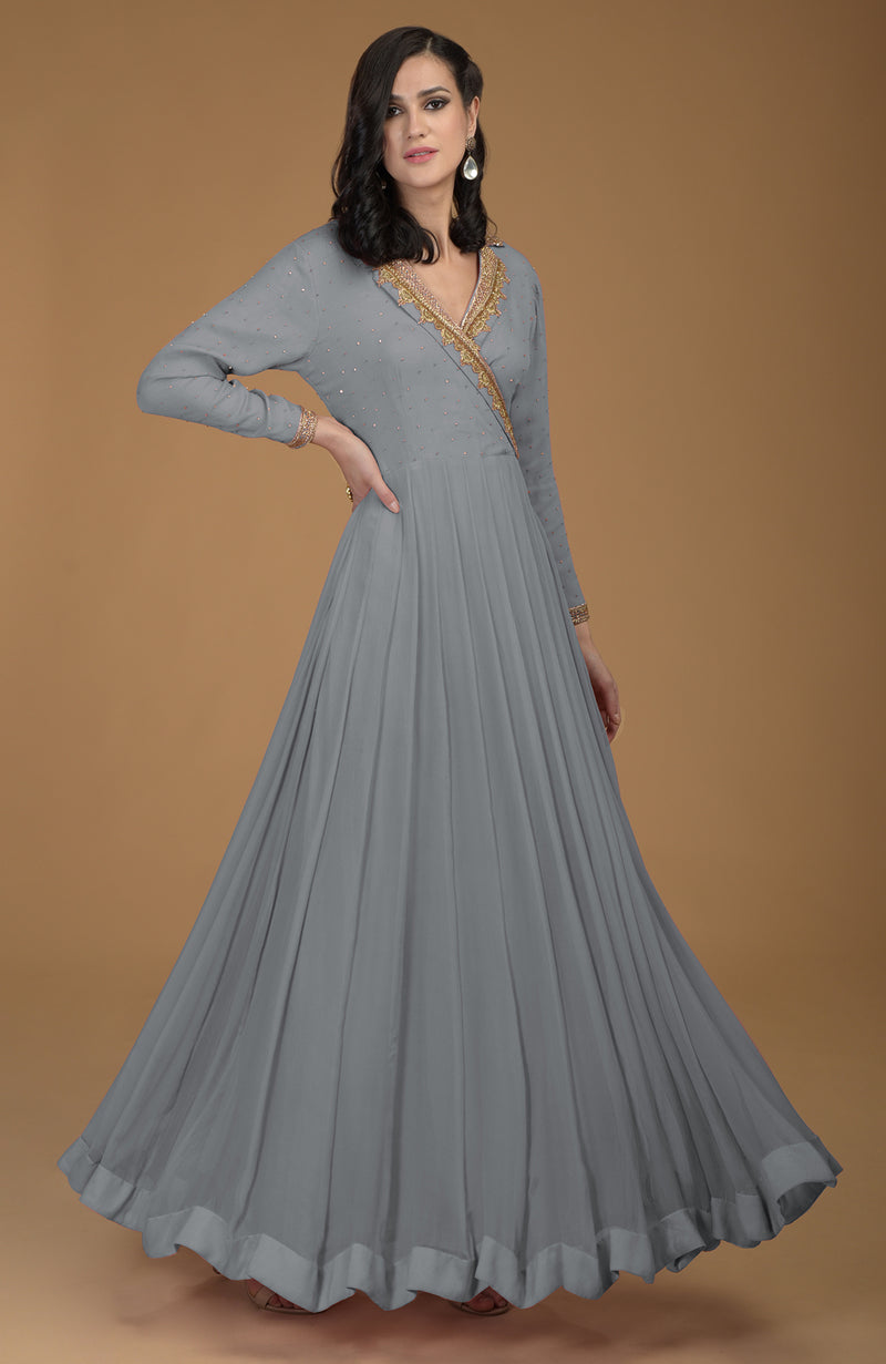 Slate Grey Inara Zardozi Hand Embroidered Kalidaar Dress