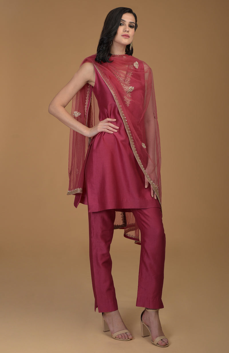 Ruby Red Zardozi Hand Embroidered Suit