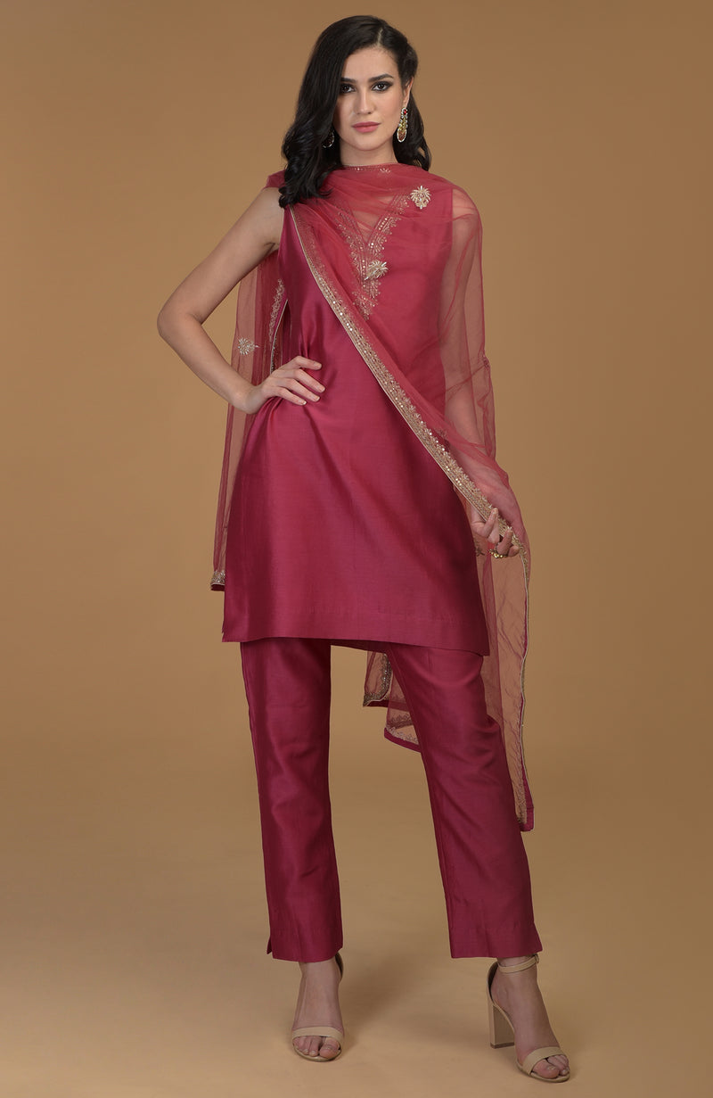 Ruby Red Zardozi Hand Embroidered Suit