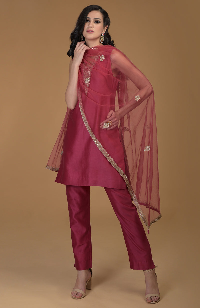 Ruby Red Zardozi Hand Embroidered Suit