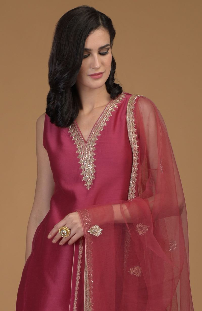 Ruby Red Zardozi Hand Embroidered Suit