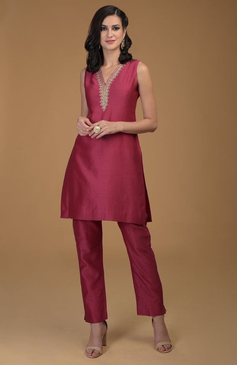 Ruby Red Zardozi Hand Embroidered Two Piece Suit