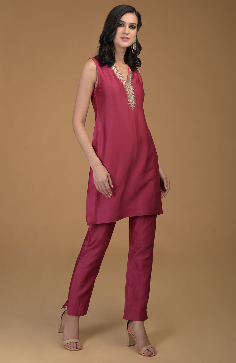 Ruby Red Zardozi Hand Embroidered Two Piece Suit