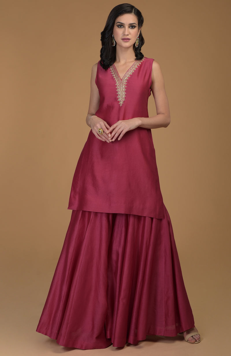 Ruby Red Zardozi Hand Embroidered Gharara Suit