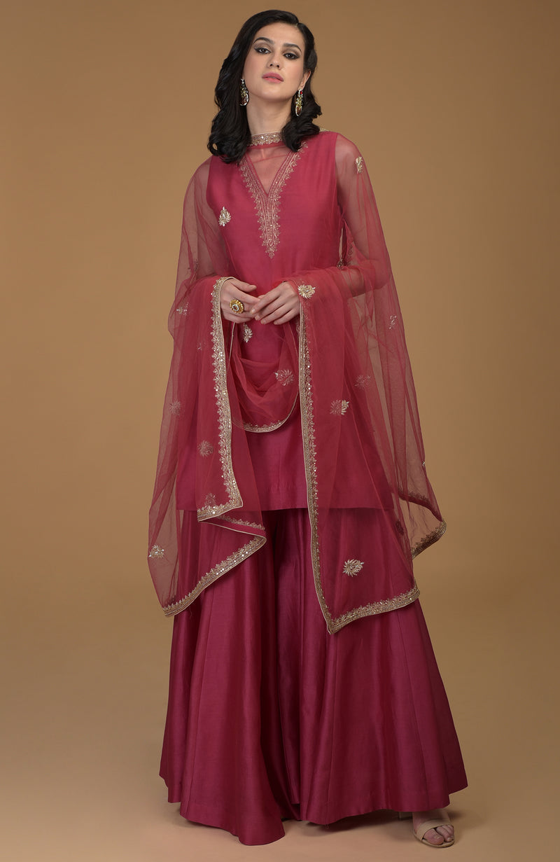 Ruby Red Zardozi Hand Embroidered Gharara Suit