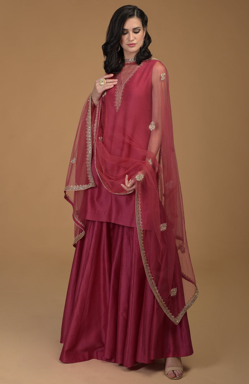 Ruby Red Zardozi Hand Embroidered Gharara Suit