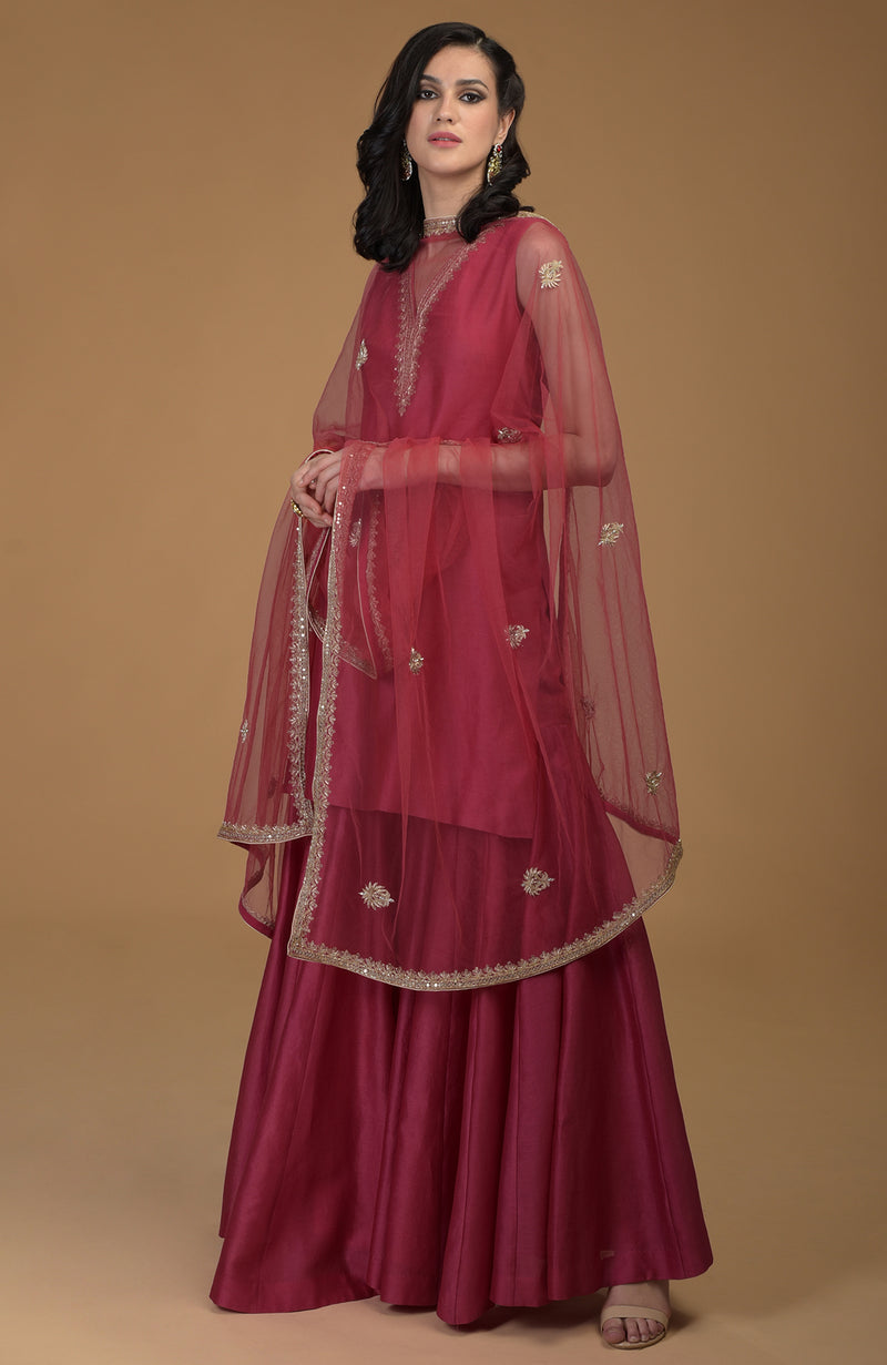Ruby Red Zardozi Hand Embroidered Gharara Suit